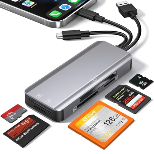 5-in-1 Multi Memory Card Reader,Aluminum SD/TF/CF/MS/M2/Cfast/Memory Stick Pro Duo/Micro SD Card Reader Adapter for i-Phone/i-Pad USB C and USB A