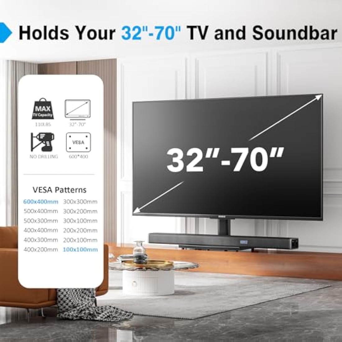 Universal TV Stand/Base Tabletop TV Stand with Wall Mount for 40 to 86 inch 5 Level Height Adjustable, Heavy Duty Tempered Glass Base, Holds up to 66kgs Screens, HT03B-003P