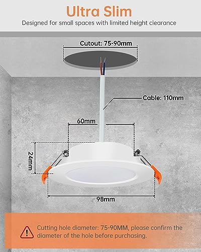 Tomosu LED Downlights for Ceiling Cool White 6000K 5W 450LM, AC 220-240V, Cut Φ75-90mm, 24mm Ultra Slim LED Recessed Ceiling Lights, IP44 Spotlights for Bathroom, 20 Pack