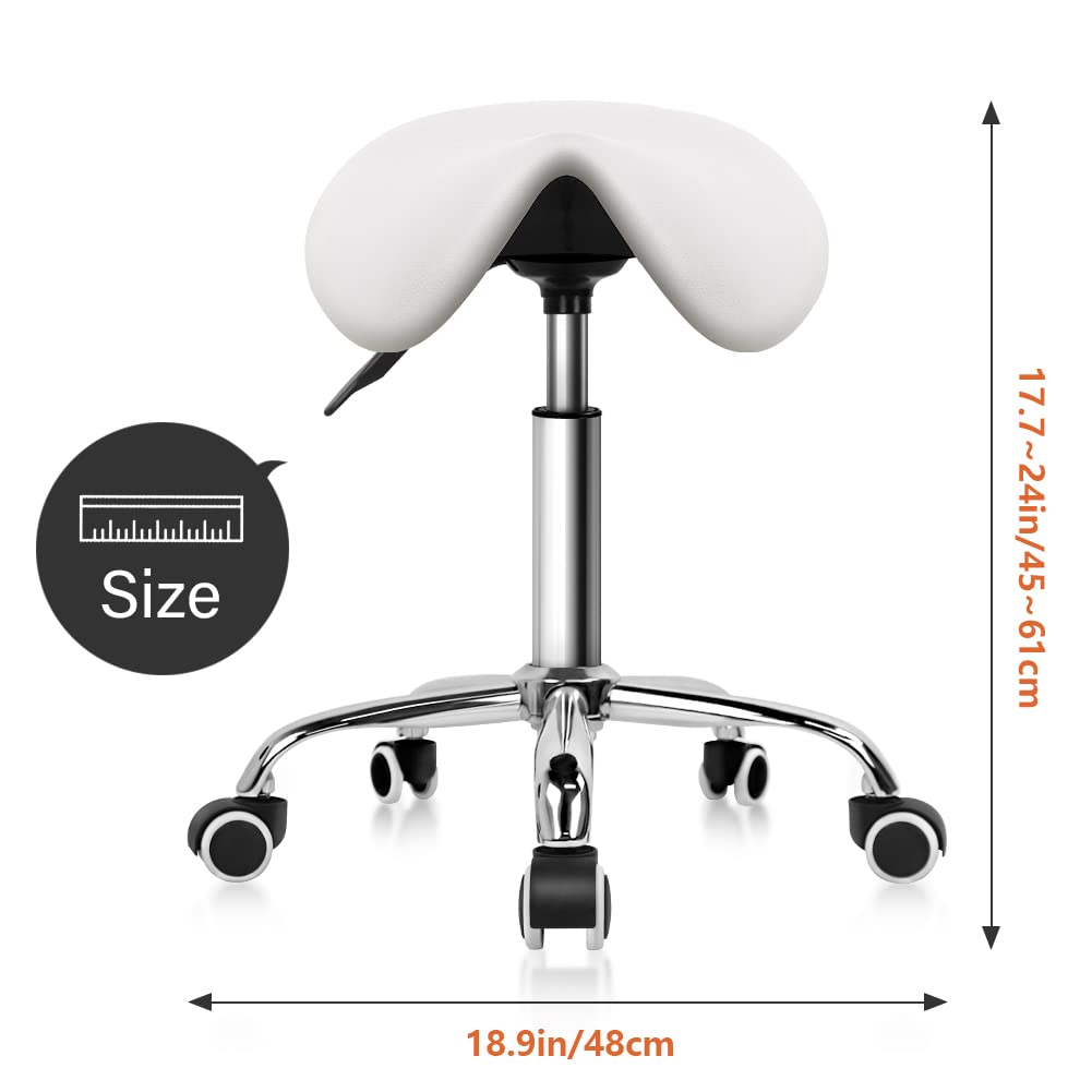 KKTONER Rolling Saddle Stool PU Leather Swivel Adjustable Rolling Stool with Wheels Salon Chair (White)