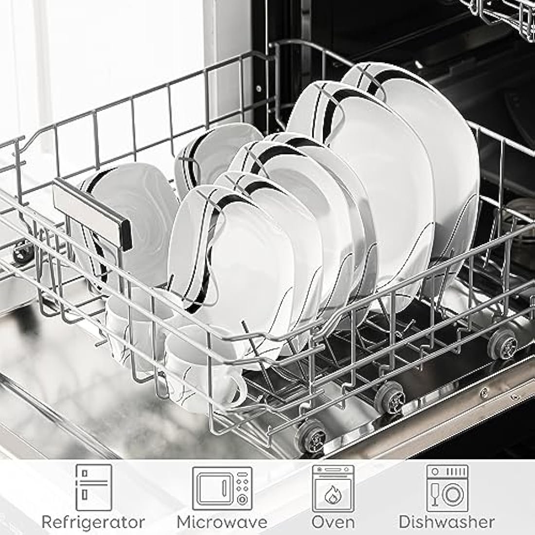 VEWEET 'Fiona' 30-Piece Dinner Set Ivory White Black Lines Porcelain China Ceramic Combination Sets with Dessert Plates/Soup Plates/Dinner Plates/Cups/Saucers, Service for 6