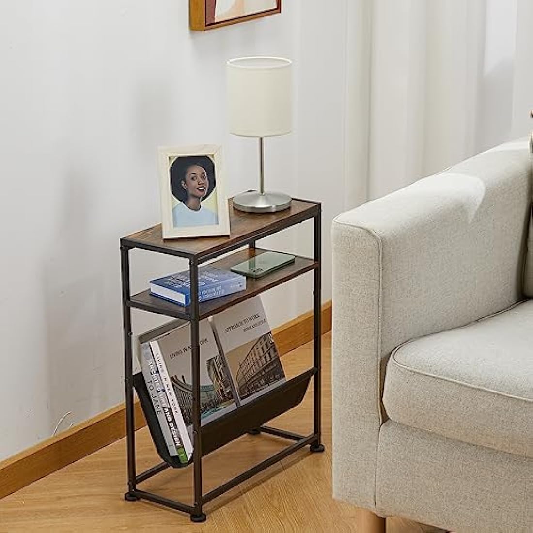 ZEXVIDA Small End Table for Small Spaces - Slim Side Table with Magazine Holder,2 in 1 Design Narrow End Table Living Room,Skinny Bedroom Nightstand Thin Side Magazine Table (Rustic Brown)