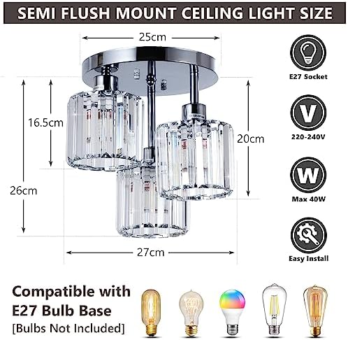 Rayofly Modern Crystal Chandeliers Ceiling Light, 3-Lights Crystal Ceiling Lights Living Room, Chrome Semi Flush Ceilings Light Fittings for Hallway, Bathroom, Bedroom, Foyer, Kitchen Light Fixture