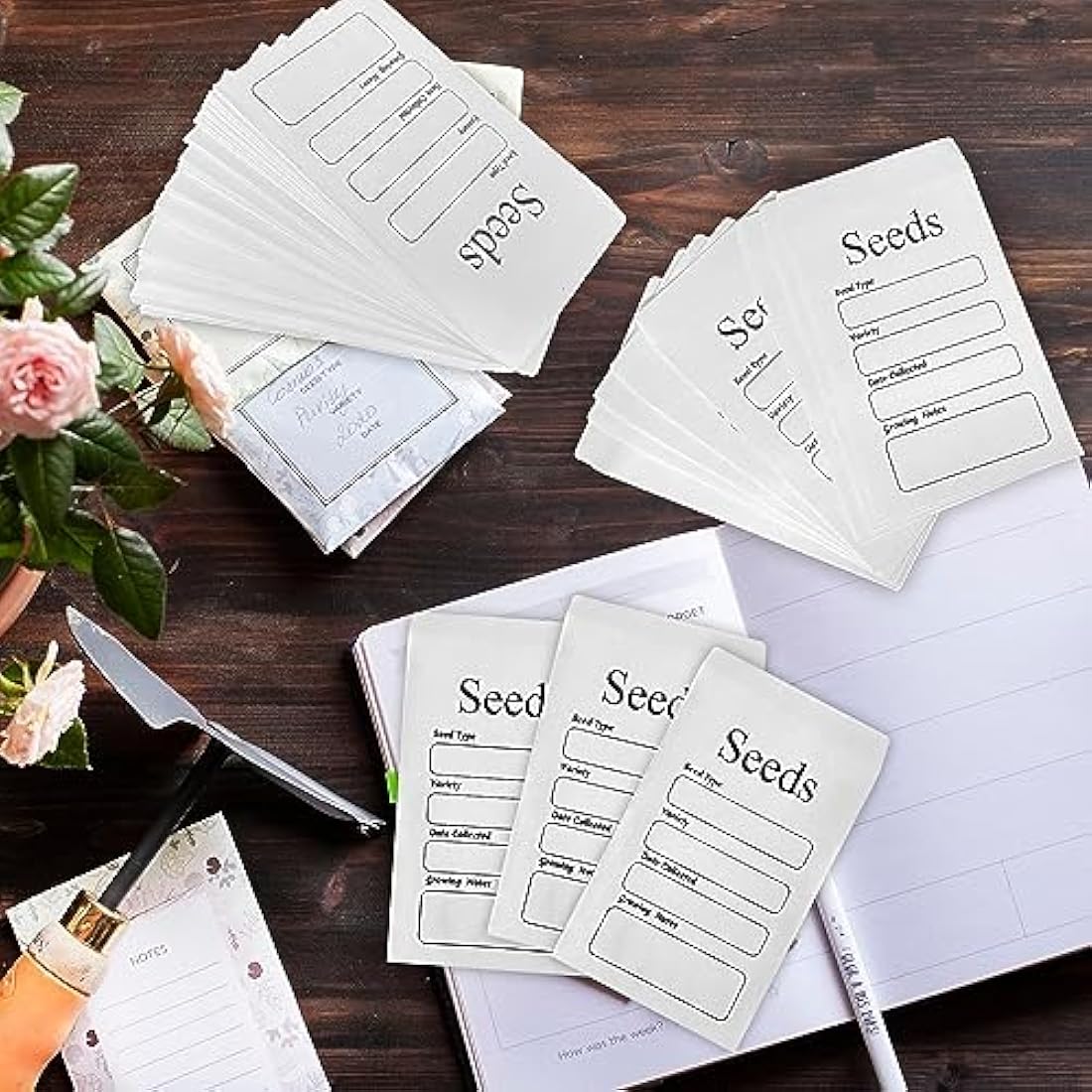 REEKNOKOL 100Pcs Small White Envelopes, Self-Adhesive Seed Envelopes Seed Packets with Preprinted Kraft Paper Coin Envelopes Money Envelopes for Seeds Saving & Collecting(8x12cm/3.15x4.72inch)