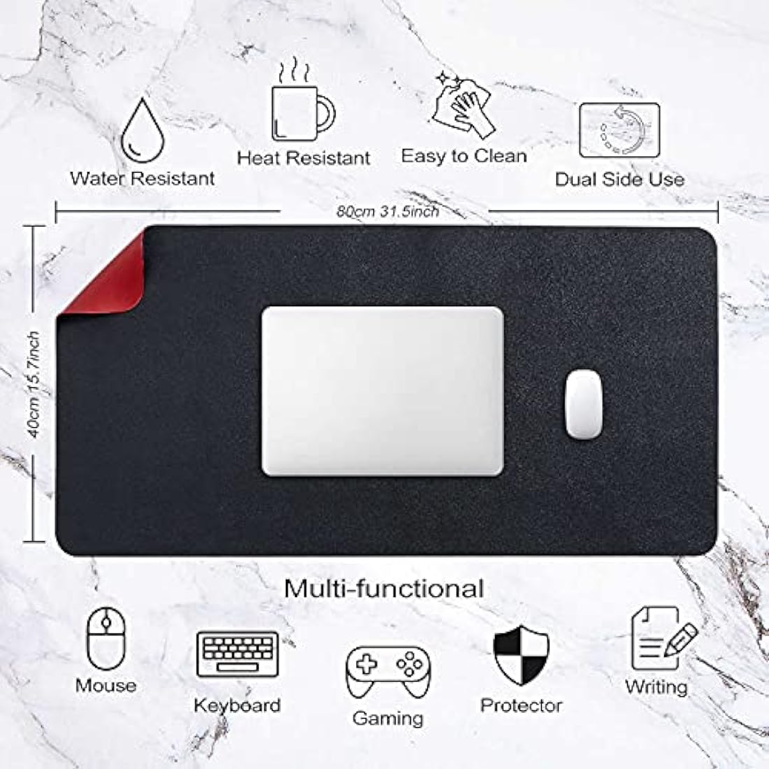 Desk Pad Large, Desk Mat, Extended Mouse Mat, Mouse Pad XL, Desk Blotter, DOBAOJIA Laptop Pad Writing Pad for Office/Home, Dual-Side Use PU Leather Waterproof 31.5" X 15.7" (Black/Red)