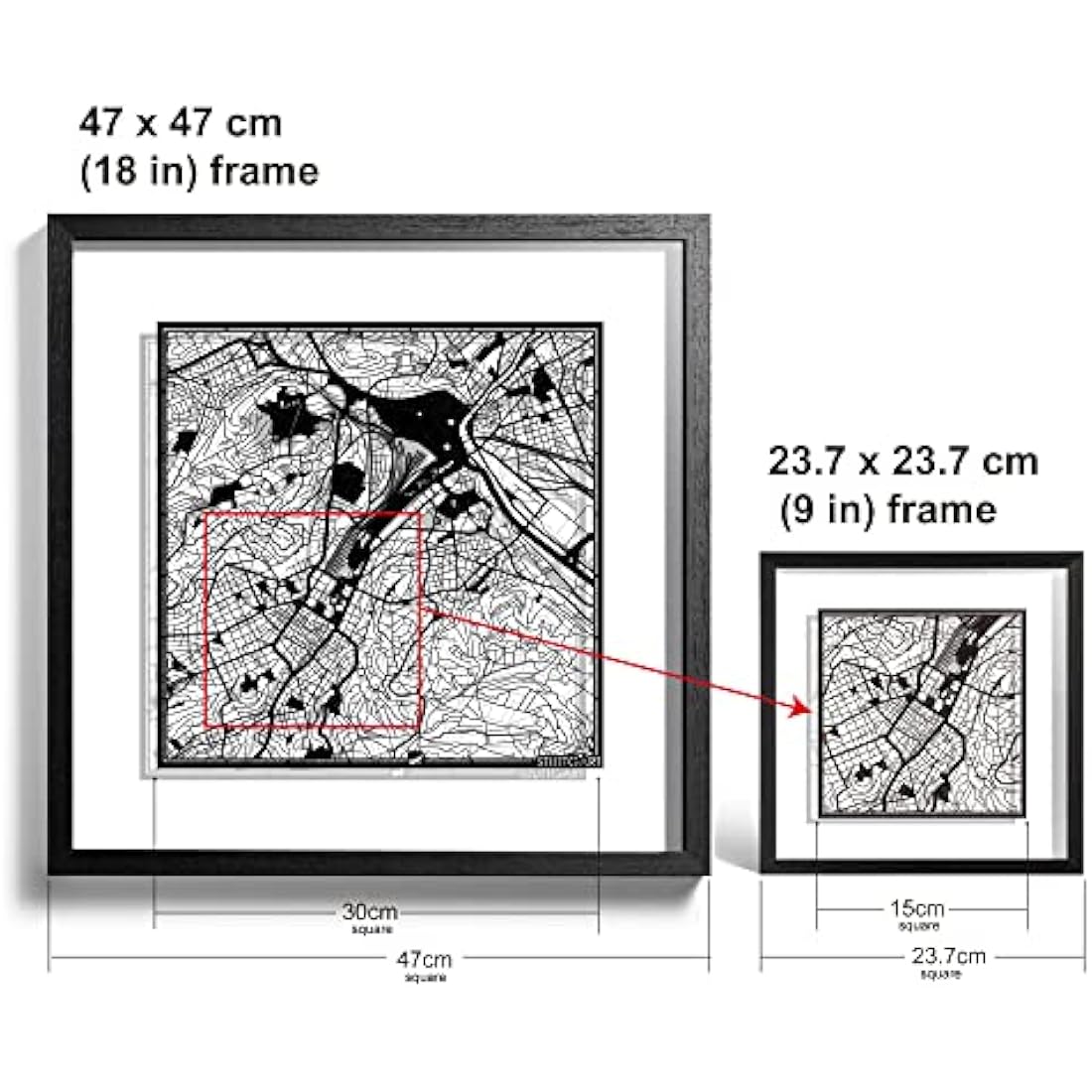 O3 DESIGN STUDIO Stuttgart Paper Cut Map framed, Black map, Black frame, 9x9 inches, Gift Boxed, 2 background color, self-changing, Paper Art