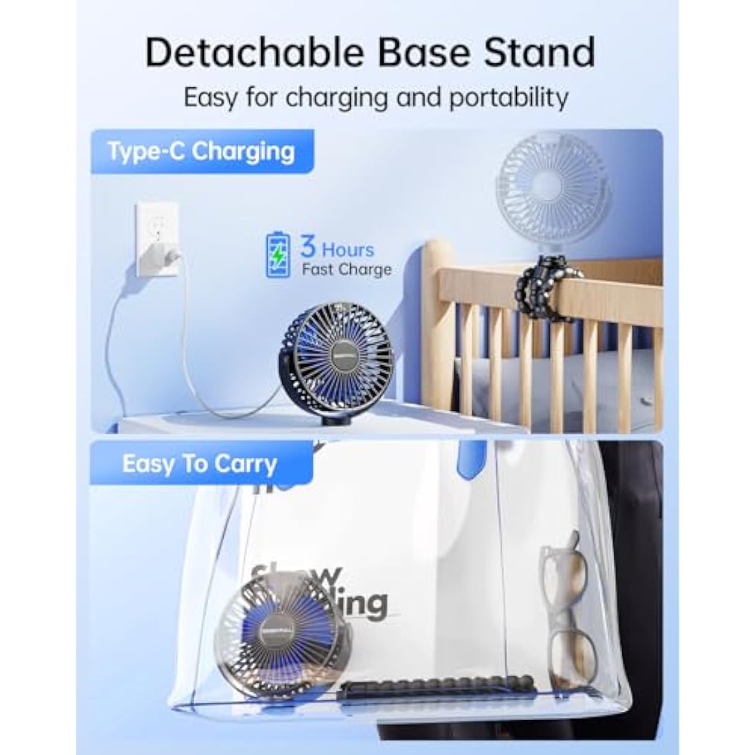 SWEETFULL Portable pram fan, LED Display 4000mAh Battery Operated Mini Stroller Fan, 4 Speed Rechargeable Small Personal Fan Handheld Desk Cooling pushchair Fan For Car Seat Crib buggy