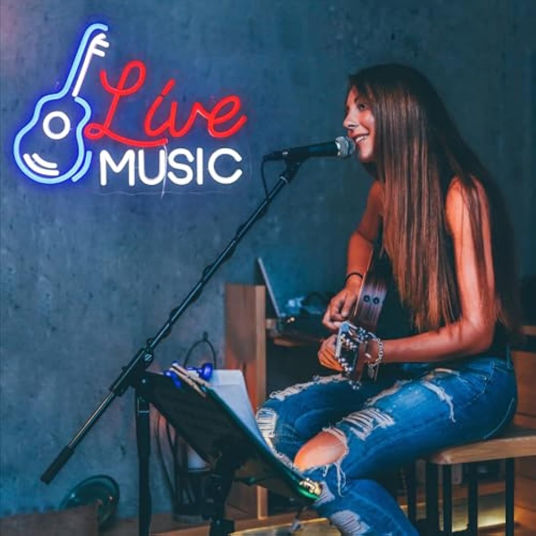 OYCGZV Live Music Neon Light Sign - Guitar Music Neon Sign for Wall Decor Guitar Neon Wall Light USB Led Sign for Bar Rock Music Studio Office Garage Bedroom Room Party Store Home