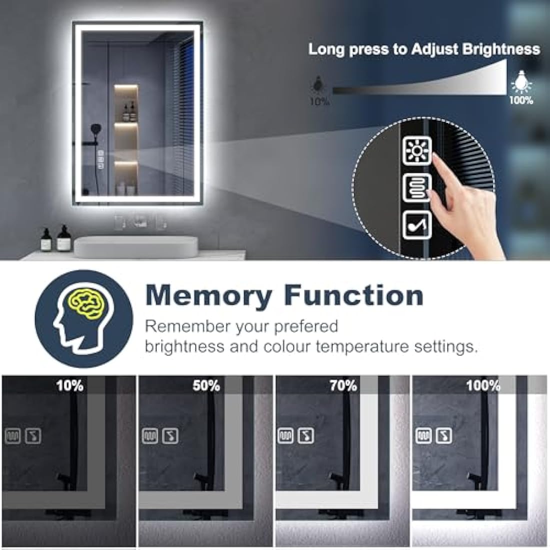 S'bagno Bluetooth-Bathroom-Mirror-with-LED-Lights 800x600mm, LED-Bathroom-Mirror with Defogging Mat, 3000K-6500K, Dimmable, Memory, HD Tempered Glass, IP44 Waterproof, Horizontal/Vertical