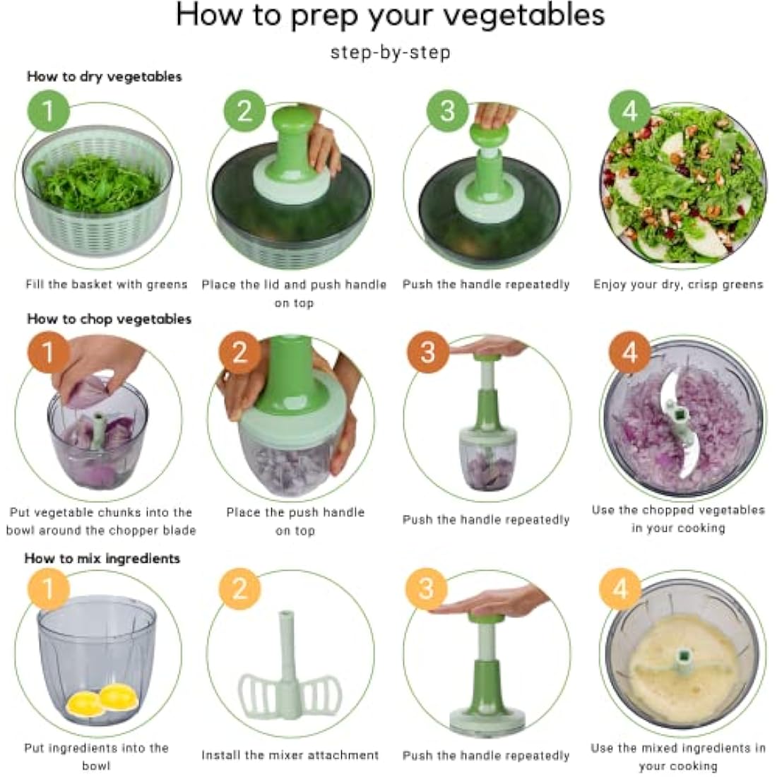 Brieftons Salad Spinner and Chopper: Large 6-Litre Lettuce Greens Vegetable Washer Dryer, with Bonus 0.9-Litre Veggie Chopper Mixer, Compact Storage, Easy Push Operation for Quick Veggie Prepping