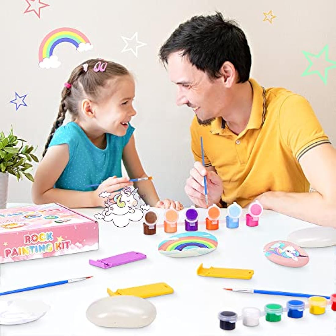 Lekebaby Unicorn Rock Painting Kit, Arts and Crafts for Kids 3-12 Years Old, Presents for Girls Boys Age 3+, Pink