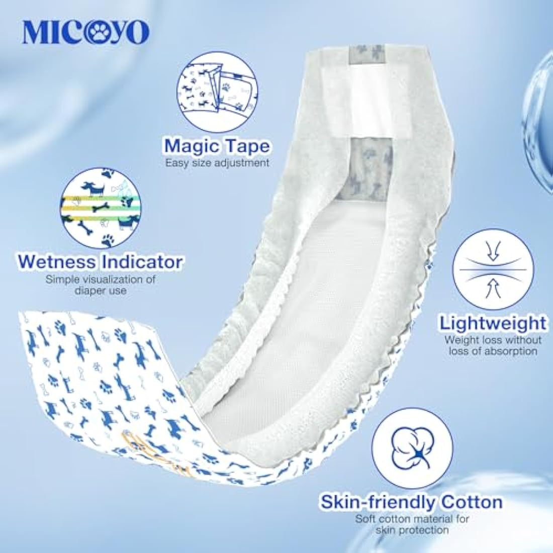 MICOOYO Disposable Dog Nappies Male, Super Absorbent Male Dog Wraps, Doggy Diapers with Wetness Indicator (L, 50pack)