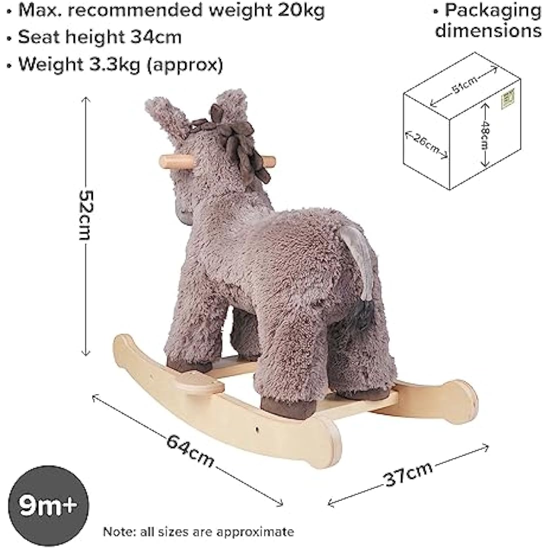 Little Bird Told Me - Norbert Donkey Rocking Toy for Baby/Toddler 9+ Months Unisex - Soft Plush Fabric, Solid Wooden Frame & Rockers, Scrunchy Ears & Tail - British Brand Since 2007