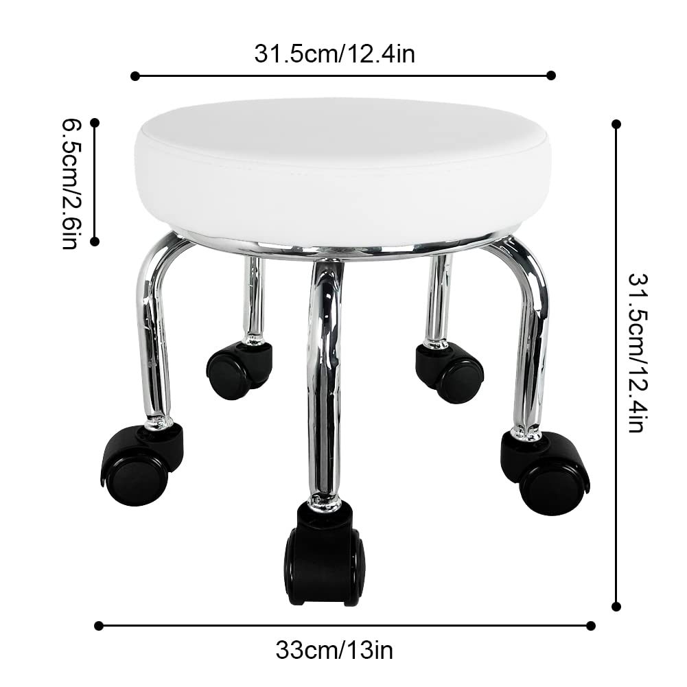 WKWKER Small Rolling Stool PU Leather Rotating Seat 360° Swivel Low Round Stool with Universal Wheels for Home Massage Garden Office Garage Shop