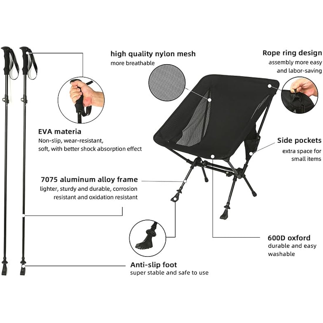 ROCK CLOUD Portable Camping Chair Ultralight Folding Chairs and Trekking Pole 2 in 1 for Outdoor Camp Hiking Backpacking Lawn Beach Sports