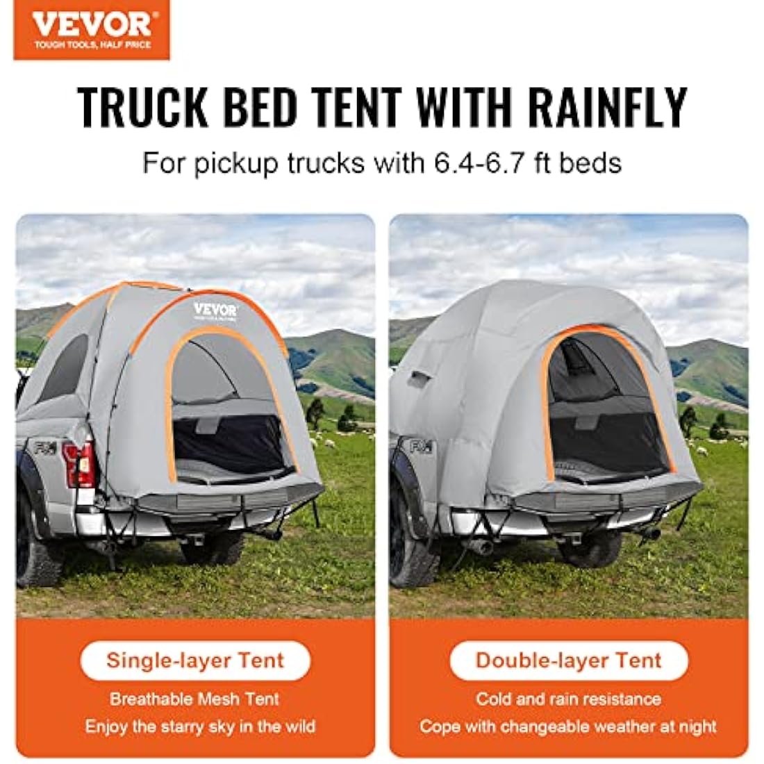 VEVOR Truck Bed Tent,Pickup Truck Tent with Rain Layer and Carry Bag, Waterproof Double Layer Truck Tent for Camping, Accommodate, for Camping Traveling Outdoor Activities