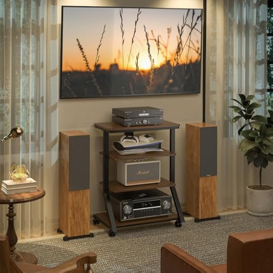 5Rcom HiFi Racks and Stands Audio Rack Cabinet AV Shelf Movement Stand 4 Tiers Wooden Shelves for Turntable Record Player DVD Entertainment Unit Multifunctional Height Adjustable Load Capacity 54KG