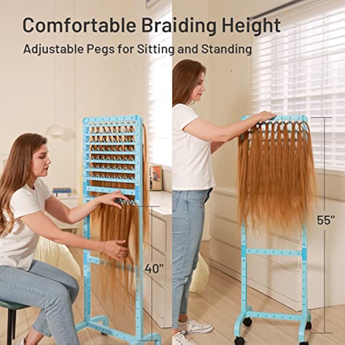 Yumkfoi Adjustable Braiding Rack 160 Pegs, Double-Sided Standing Holder for Hair, Adjustable Height With Wheels, Separator Stand Extension Holder for Stylists