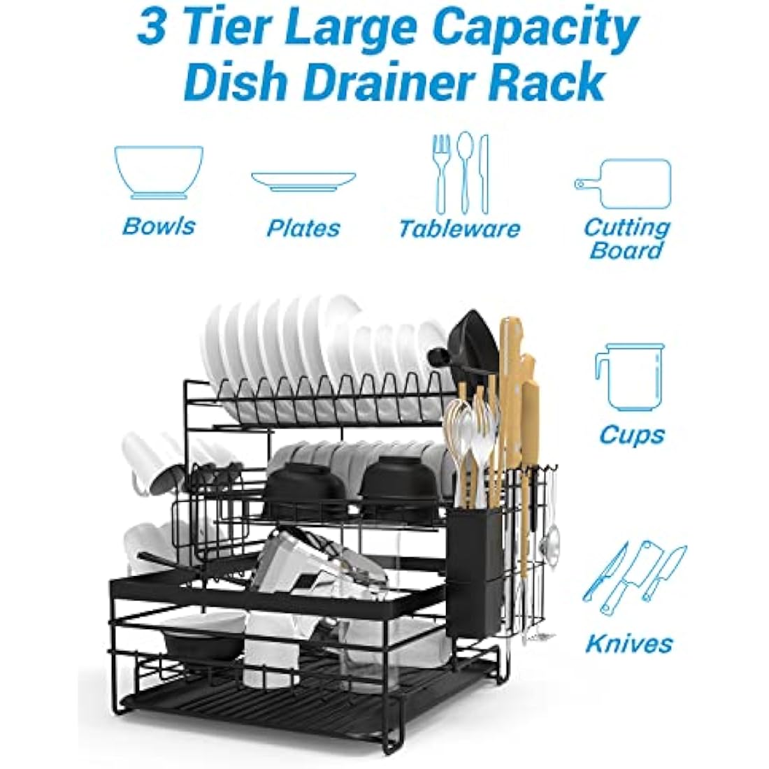 TONGKTAI Dish Drainer Rack, 3 Tier Drain Board Rack with Drip Tray, Detachable Stainless Steel Dish Drying Rack for Kitchen Countertop or Sink, Black