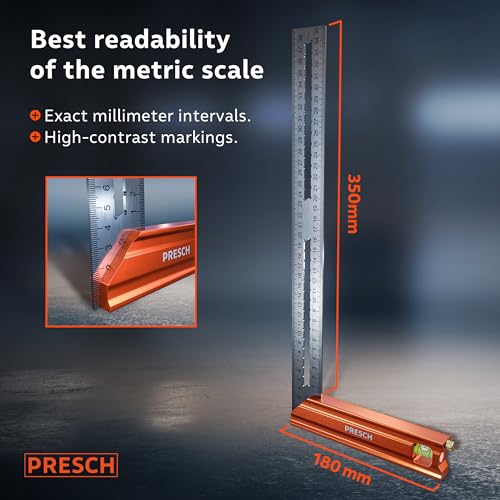 Presch Try Square 350 mm | Medium | Includes rust-free marking gauge (35cm), level bubble & marking pin | 90° & 45° | Carpenters square, Precision Square, Joiners Square, Engineers Square