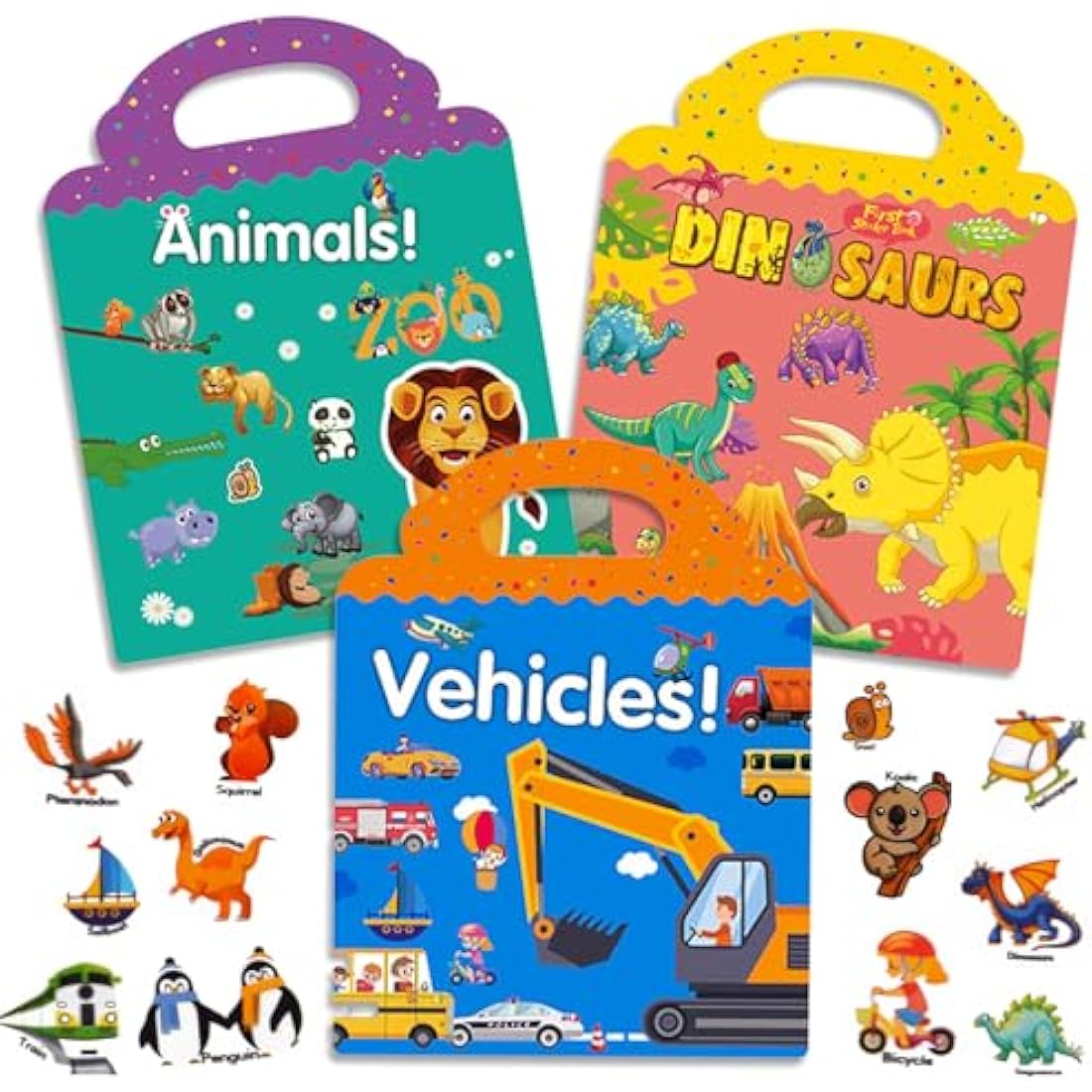 Surcotto Sticker Books for Children, Reusable Sticker Book for 2 3 4 Year Old Kids Boys Girls Toddlers, 3 Sets Reusable Stickers, Car Animal Dinosaur Stickers, Educational Learning Toy Travel Toys
