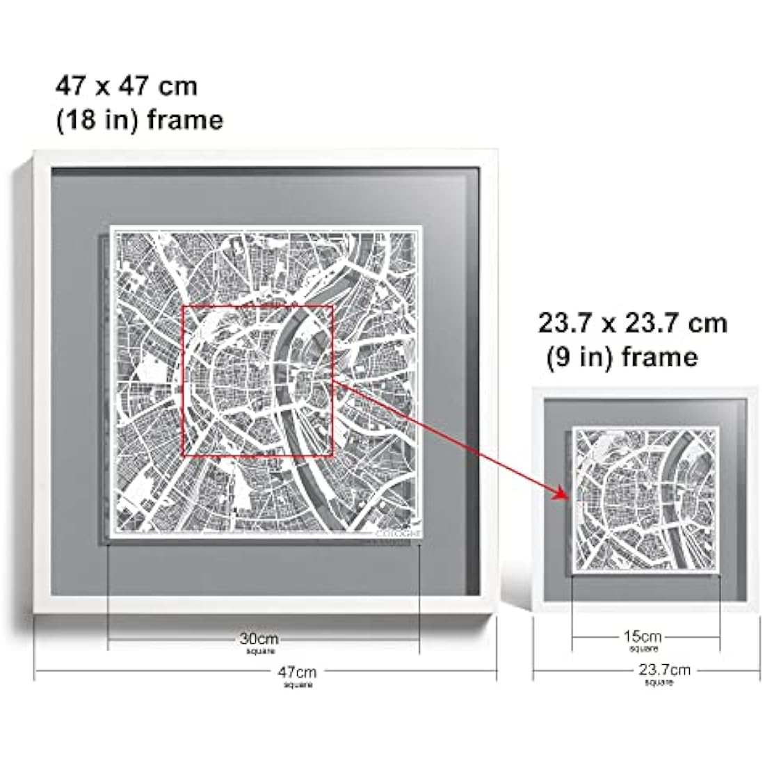 O3 DESIGN STUDIO Cologne Marco de Papel para mapas, White map, White frame, 9x9 inches, Gift Boxed, 4 background color, self-changing, Paper Art