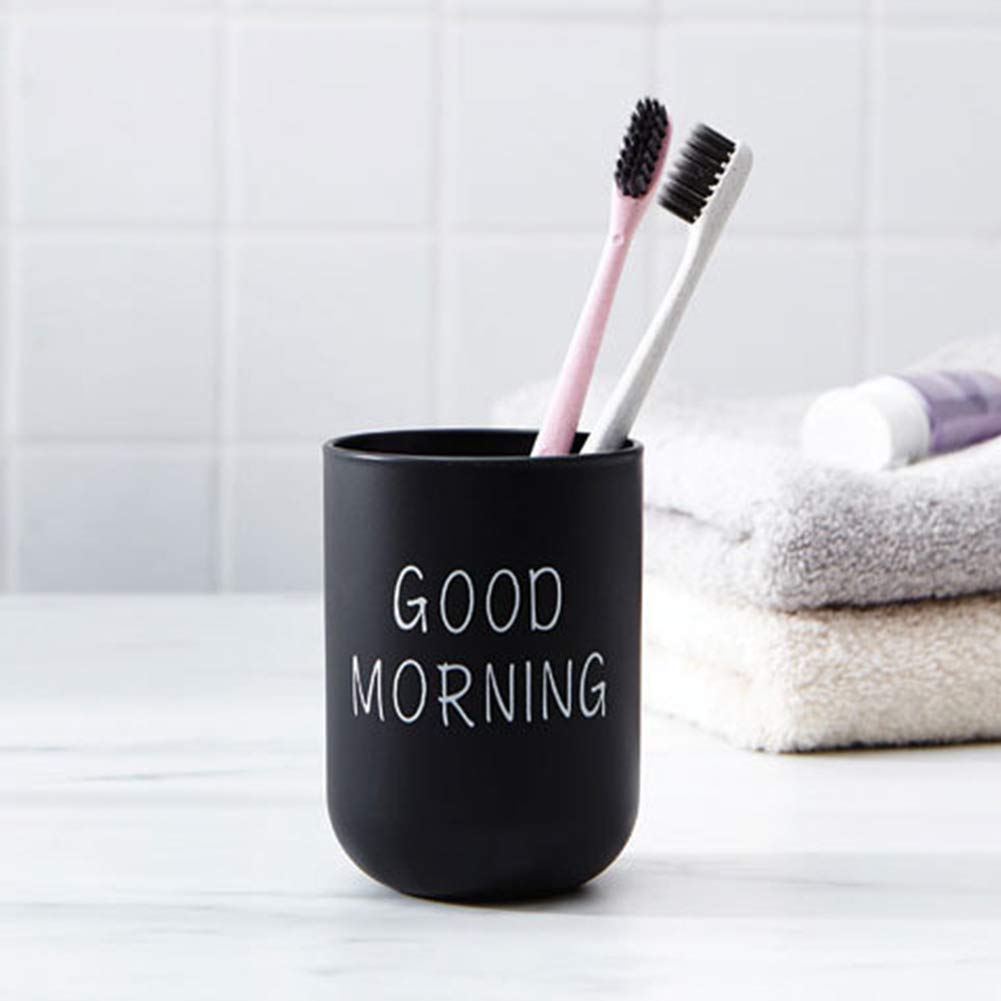 ALEOHALTER Toothbrush Holder, Good Morning Cup Toothbrush Cup, Home Travel Bathroom Washing Toothpaste Holder Plastic Tumbler Cup(Black)