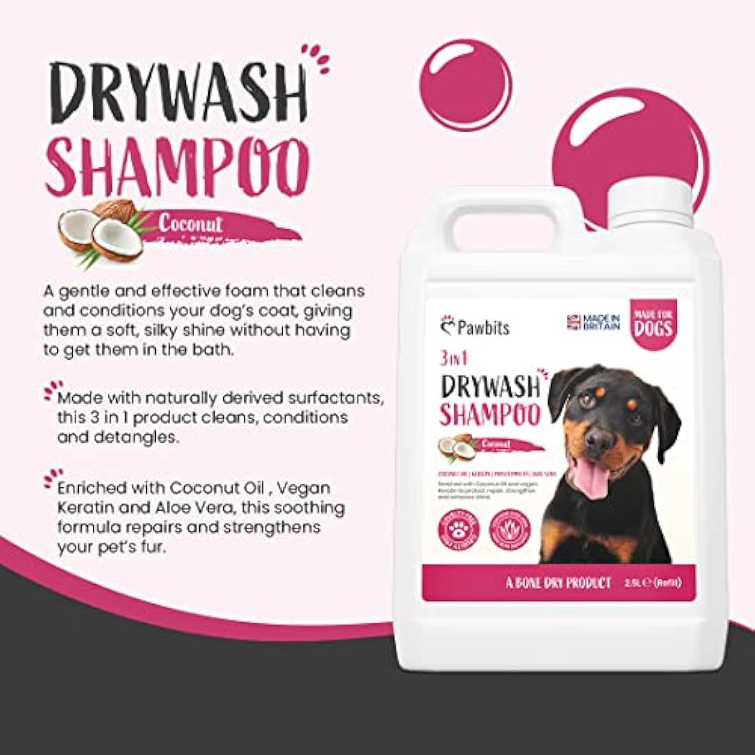 Pawbits Drywash Shampoo for Dogs - Puppy Friendly 3-in-1 Dry Shampoo to Clean, Condition & Detangle – No Water Required (Coconut - 2.5L)