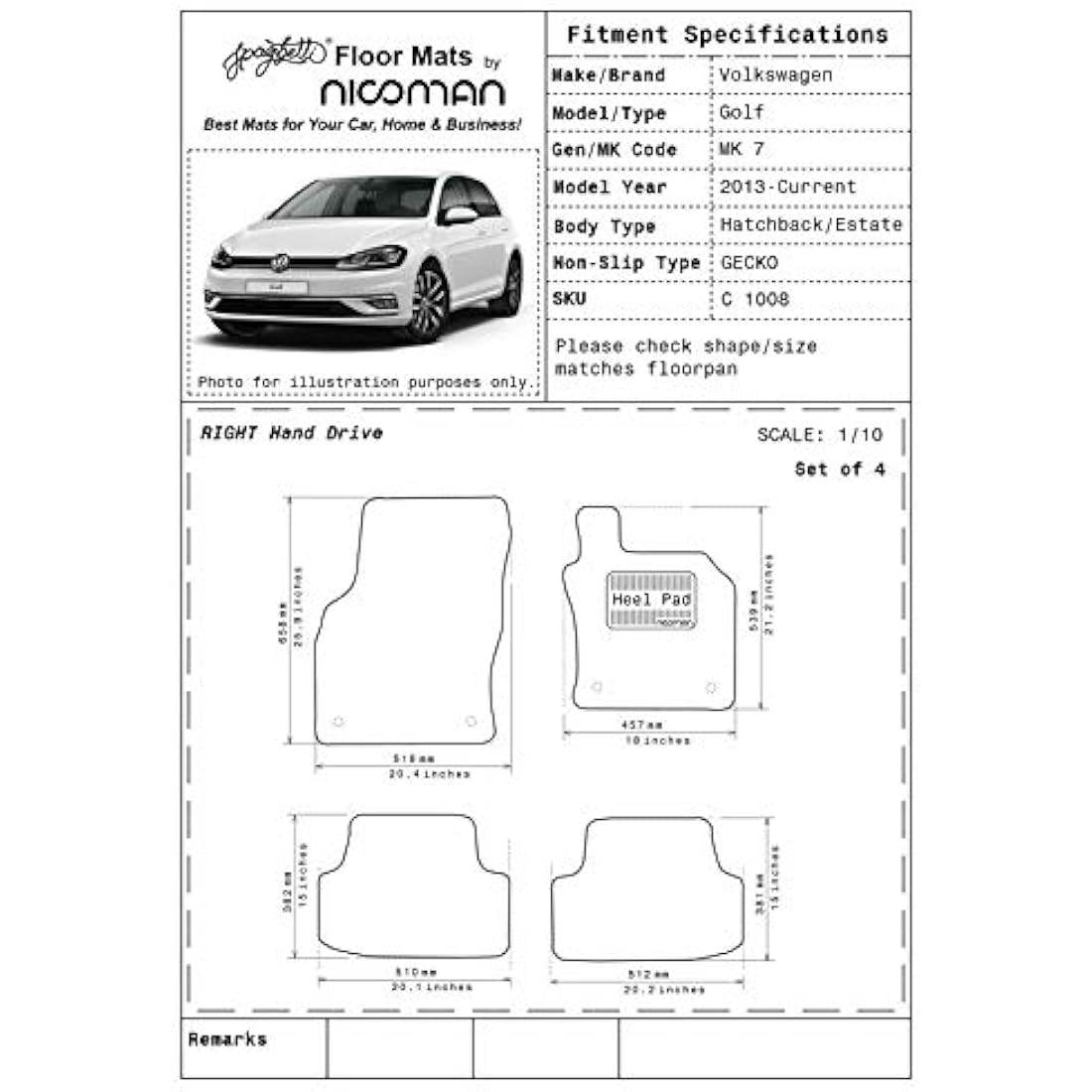 Nicoman Spaghetti All-Weather Fully Tailored Car mats Fit【2013-2019 Golf MK7 Hatchback/Estate】(Front Set 2-Piece,Black)
