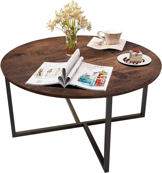 HOJINLINERO Round Coffee Table,Coffee Tables for Living Room,Tea Table End Table Sofa Table,Industrial Cocktail Table,Wooden Coffee Table,Durable