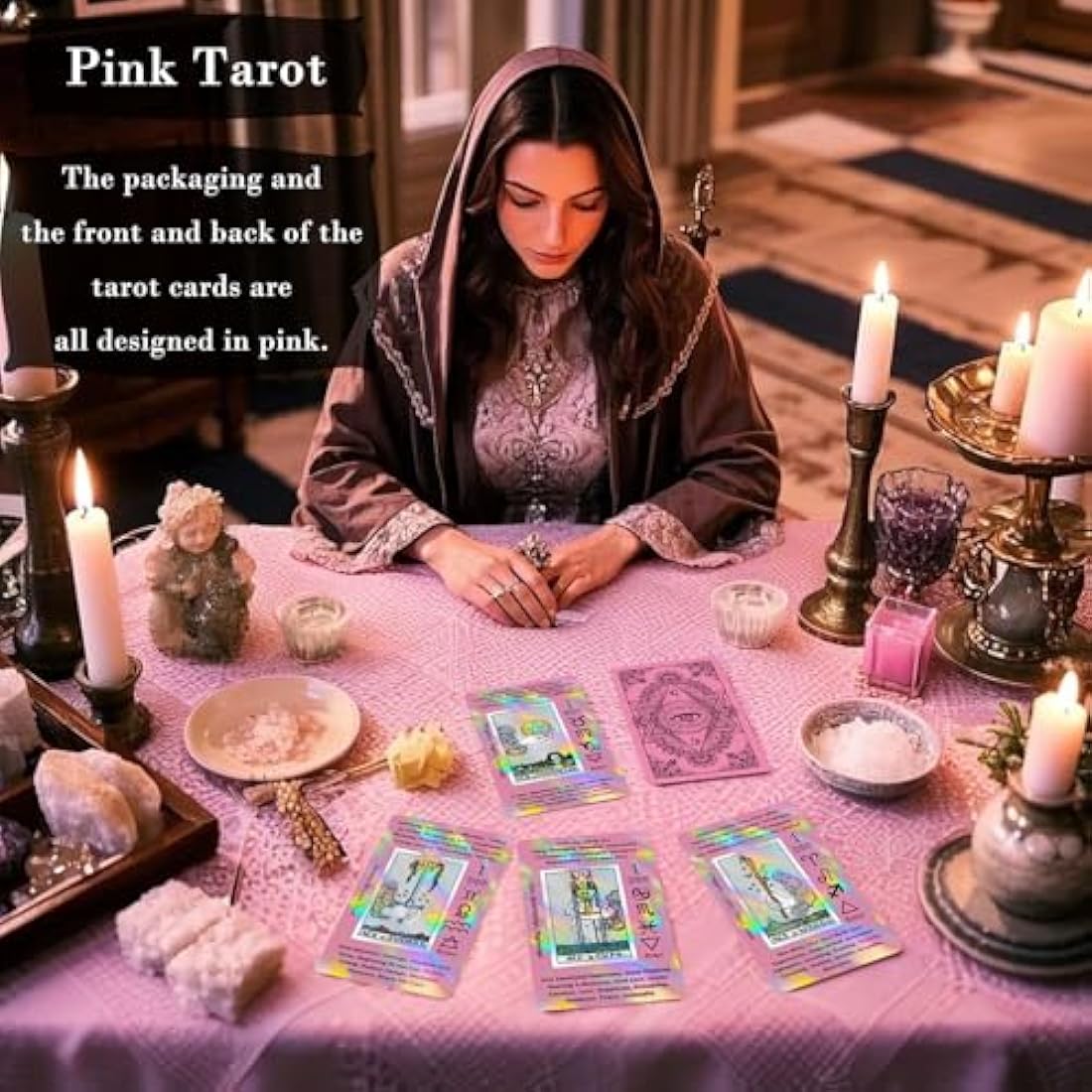 Smoostart Pink Holographic Tarot Cards with Meanings, Tarot Cards Deck with Guidebook for Beginners, Keywords, Element, Planet, Zodiac, Chakra, Yes or No, Musical Pitch, Numerology, Hebrew Alphabet