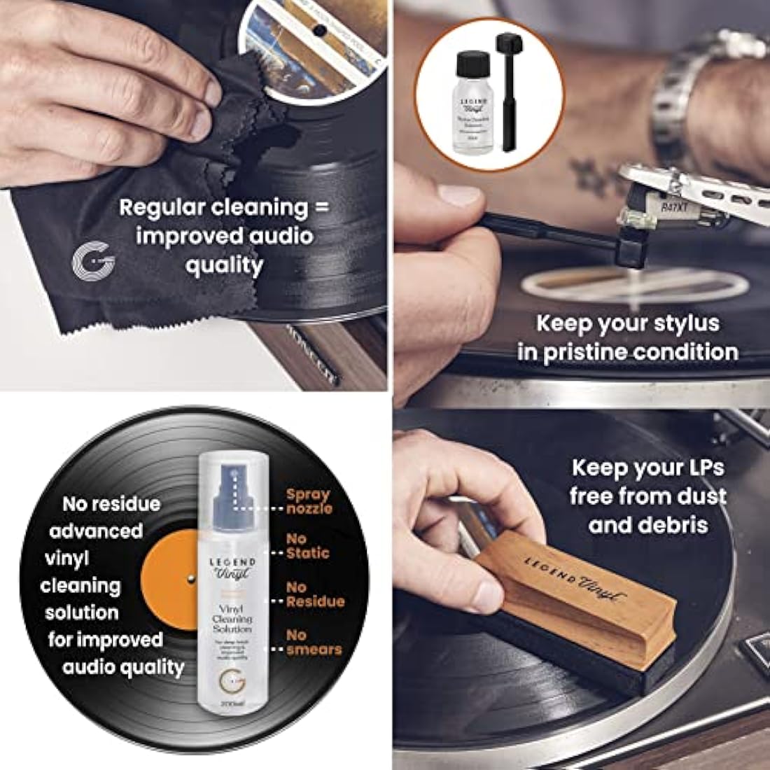 Legend Vinyl Complete Care Vinyl Cleaning Kit - 200ml Cleaning Solution, 2 Large Microfiber Cloths, Wooden Handle Dust Brush, Carbon Fibre Stylus Brush & Fluid for Record Cleaning