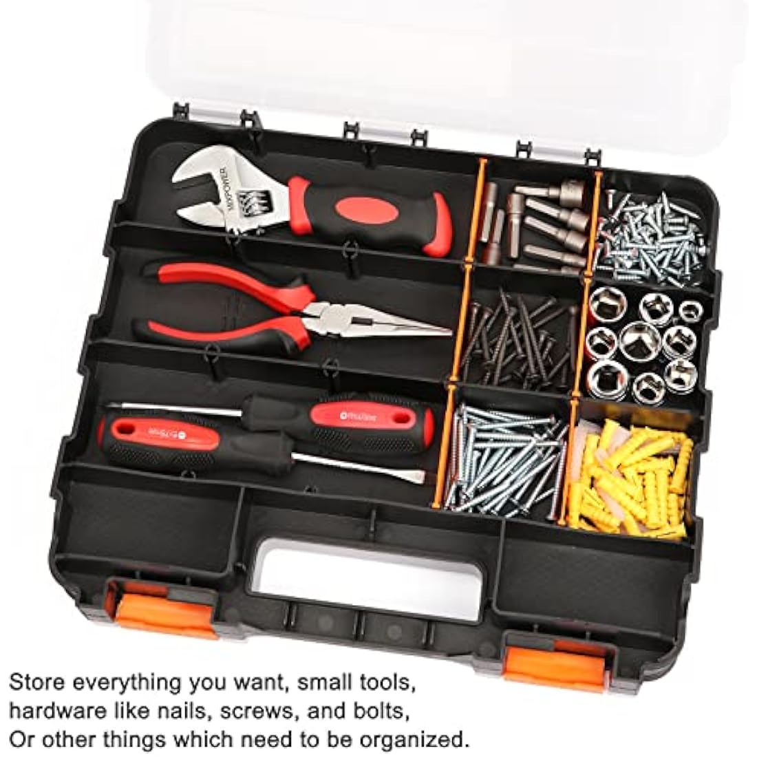CASOMAN Double Side Tool Organizer, with Impact Resistant Polymer and Customizable Removable Plastic Dividers, Hardware Box Storage, Excellent for Screws,Nuts,Small Parts, Black/Orange. 2-Pieces Pack