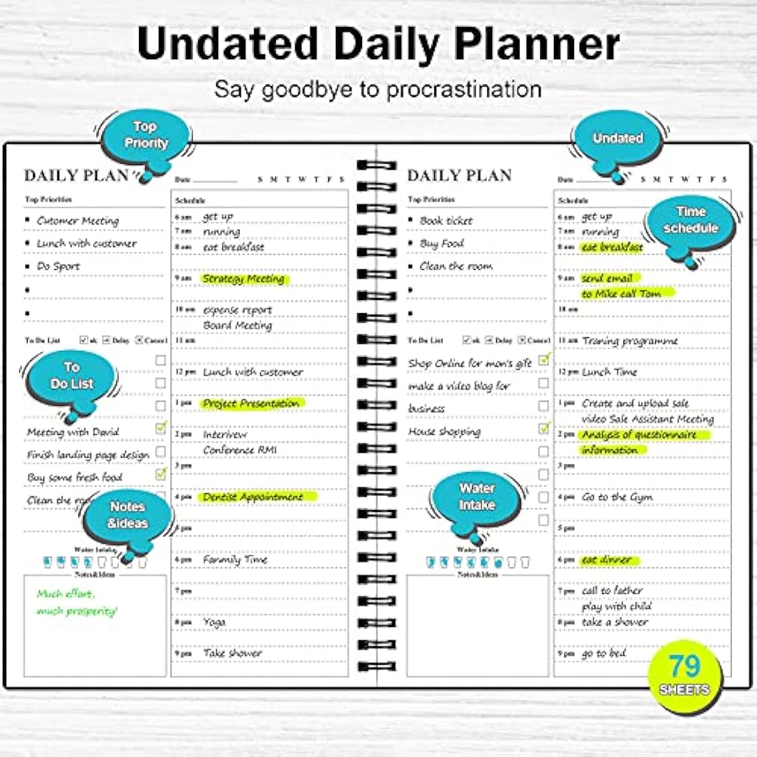 Daily Planner Undated, Asten to Do List Notebook Hourly Schedules Spiral Appointment Planner for Men and Women,PVC Hardcover,Elastic Closure, Inner Pocket 14.7 x 21.2cm (Black)