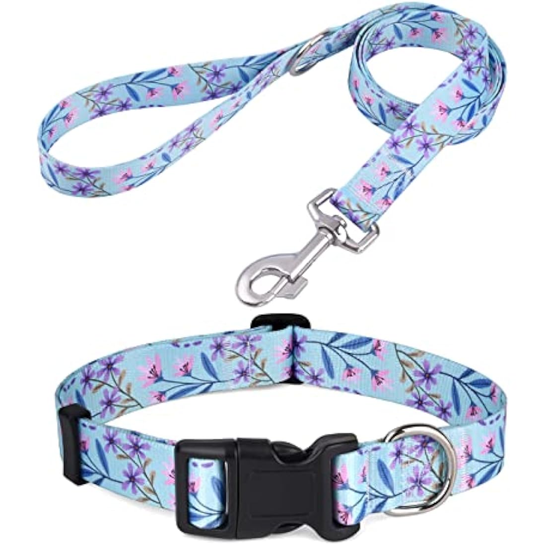 Mihqy Dog Collar and Lead Set with Bohemia Floral Tribal Geometric Patterns - Soft Ethnic Style Collar Adjustable for Small Medium Large Dogs(Pink + Purple Floral Set,M)