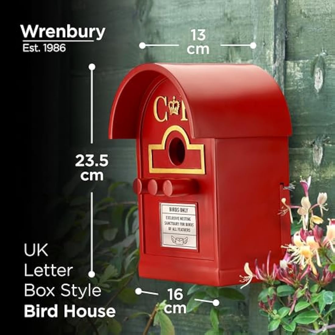Wrenbury Post Box Bird House for Small Birds - Hanging Nesting Bird Boxes for Gardens - Weather Resistant Resin - Postbox for Wild Birds - Wall Mounted