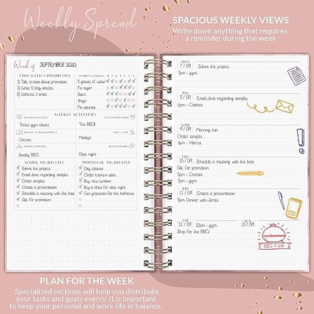 PLANBERRY Weekly Planner – Elegant Life & Budget Planner to Hit Your Goals & Live Happier – Organizer & Productivity Journal – 17.5 x 21.5cm Hardcover, Undated + Stickers (Rose Gold)