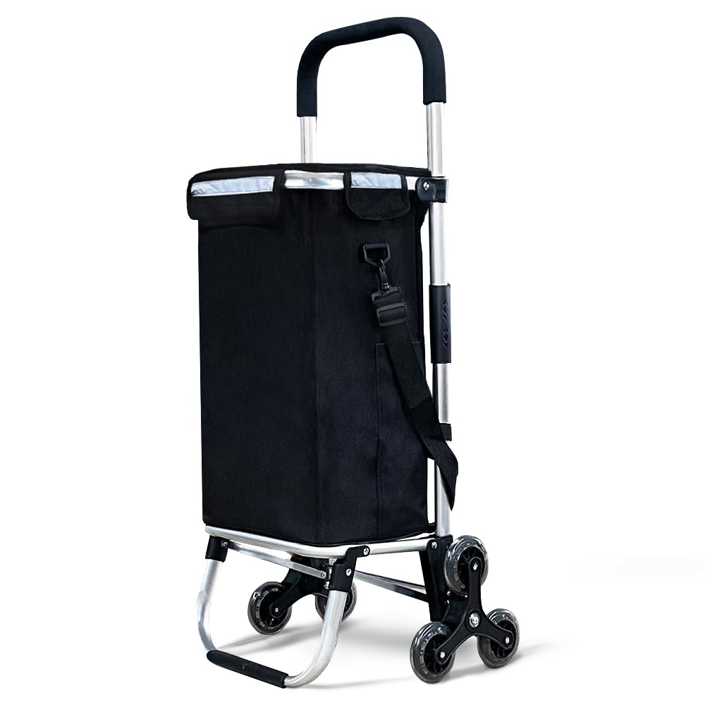 VOUNOT Folding Shopping Trolley on 6 Wheels, Aluminium Lightweight Shopping Cart with Insulated Cooling Bag, Stair Climbing Grocery Trolley, 58L,