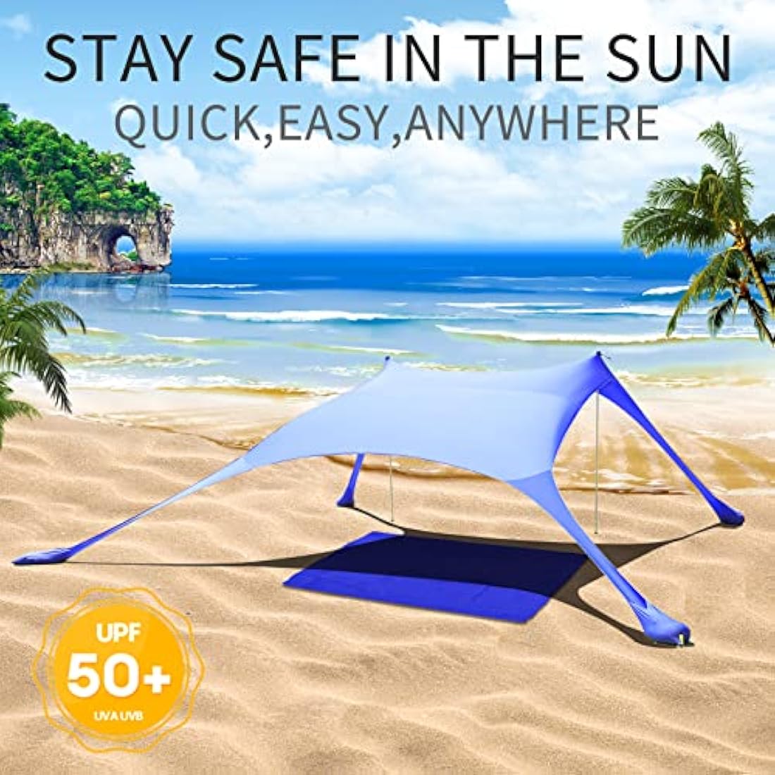 CUUPO 77 FT Beach Tent Sun Shelter UPF50+ UV Protection, Outdoor Canopy Tent Sun Shade with 2 Poles for Camping, Fishing, Backyard and Picnics with Sandproof Beach Blanket Royal Blue