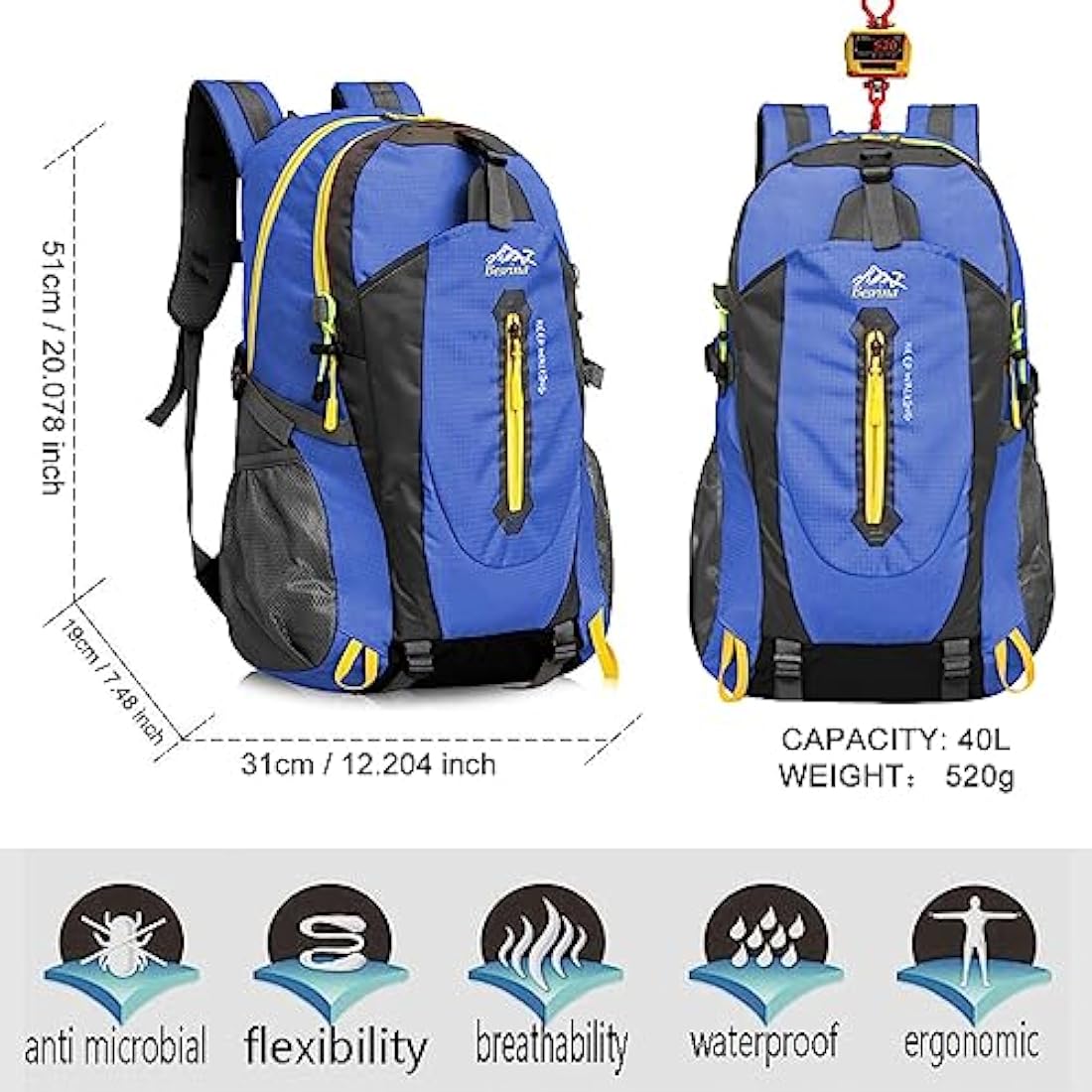 Besrina 40L Lightweight Hiking Backpack, Multi-functional Water-resistant Casual Camping Trekking Rucksack for Cycling Travel Climbing Mountaineer Outdoor Sport