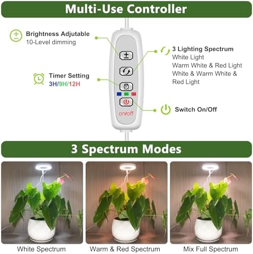 Kullsinss Grow Lights for Indoor Plants Full Spectrum Halo Growing lamp with Detachable Base Height Adjustable 3 Colors 10 Dimming Automatic Timer Plant Light for Small Plants Growing 2-Pack BL-C10B