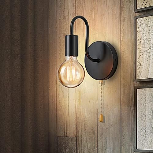 Lightess 2Pcs Wall Light with Switch Pull Cord Wall Lights E27 Socket, Retro Metal Iron Wall Sconces Industrial Wall Lamp for Bedroom Living Room Hallway (No Bulb, Black)