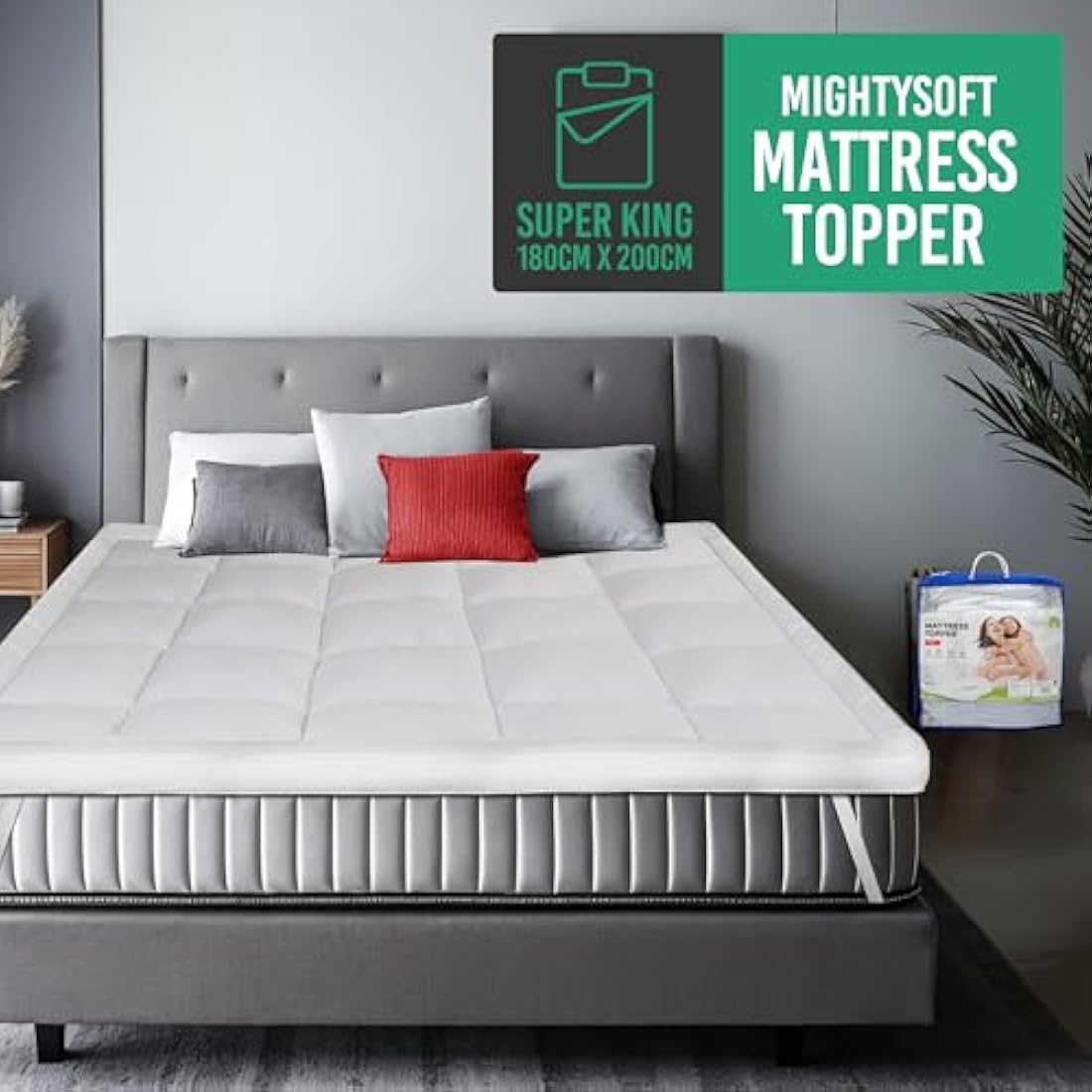 MightySoft Super King Mattress Topper 10cm Thick - Quilted, Extra Deep, Ultra Fluffy and Breathable Microfiber Topper, Securely Fits with Elastic Straps, Enhances Comfort & Supports Restful Sleep