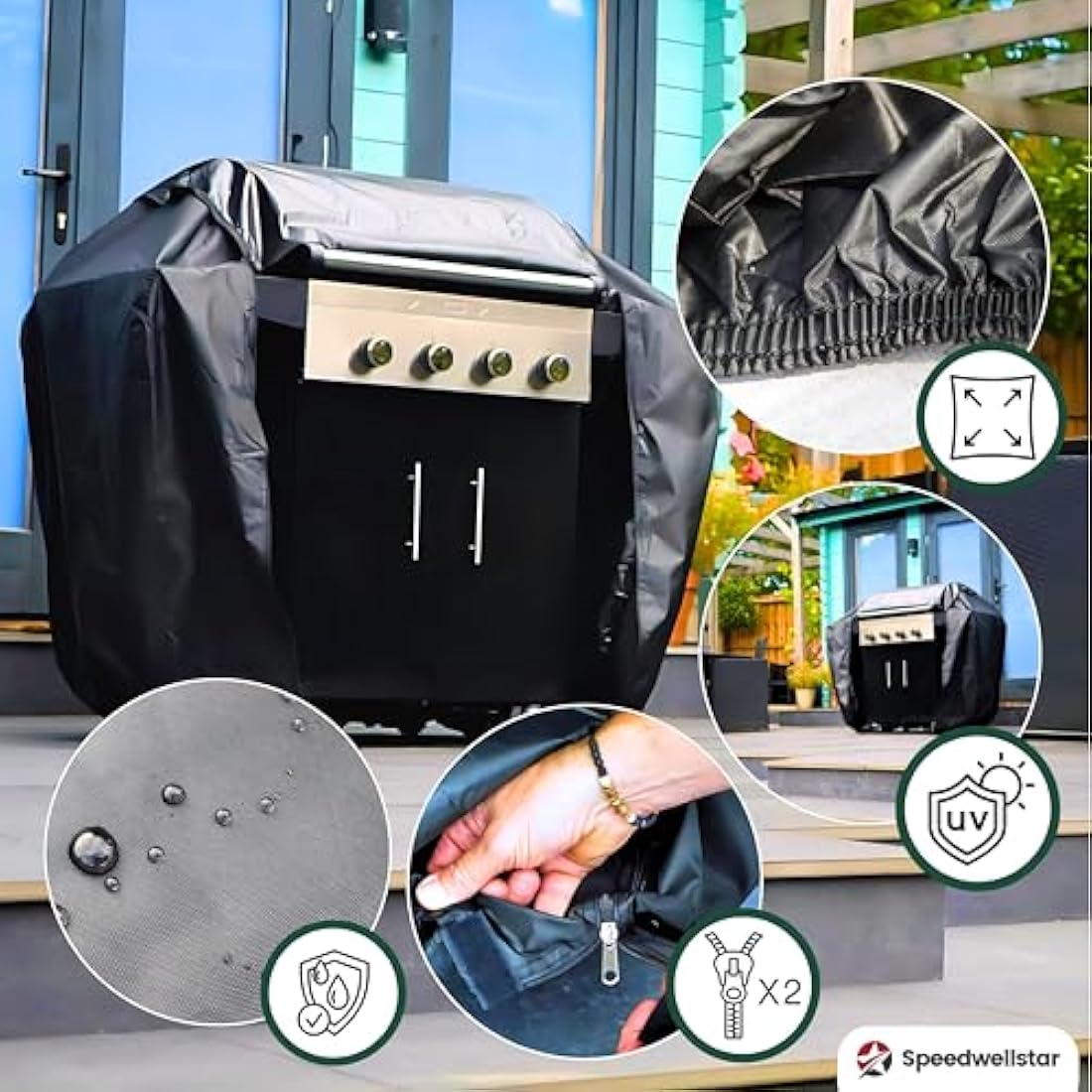 SpeedwellStar Heavy Duty BBQ Barbecue Grill Cover for Outdoor Grill – 145 L x 70 W x 120 H cm – Breathable & UV Resistant - Easy Access Dual Zips for Weber, Char-broil, Brinkmann, Outback and more.
