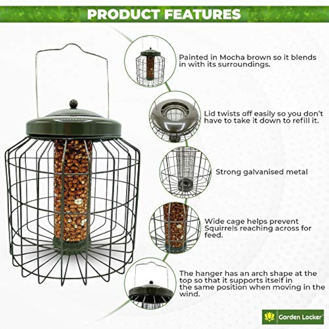 Large Heavy Duty Squirrel Proof Bird Feeder for Peanut Feed Outdoor Garden use - Mocha Brown - with Strong Galvanised Metal Cage to Deter Squirrels & Large Birds