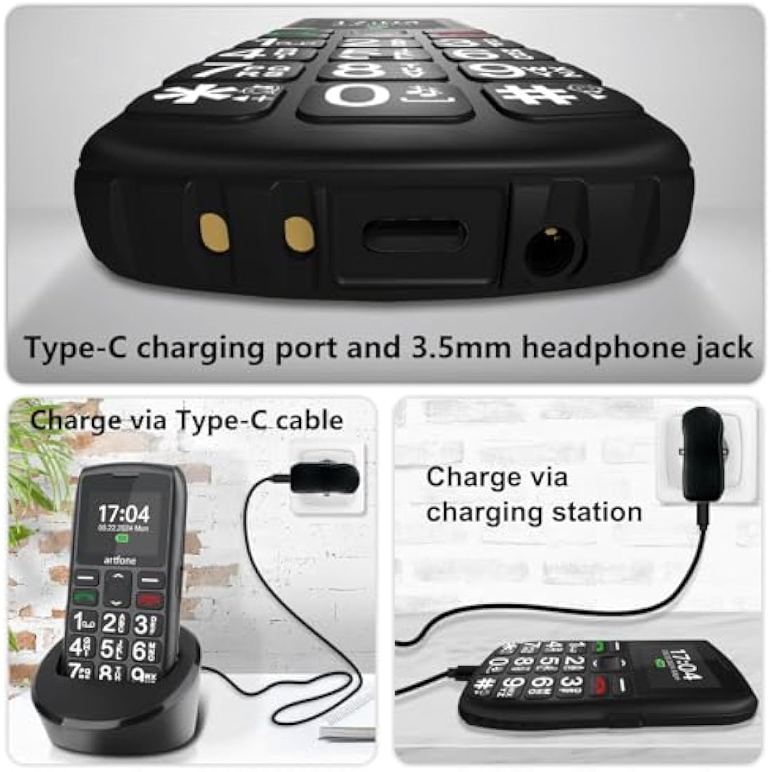artfone C1+4G Big Button Mobile Phone for Elderly丨USB-C, Charging Dock丨1800mAh Battery丨Easy to Use Basic Elderly Phone丨SIM Free Unlocked Senior Mobile Phone丨SOS Button丨FM Radio丨Time Reporting - Black