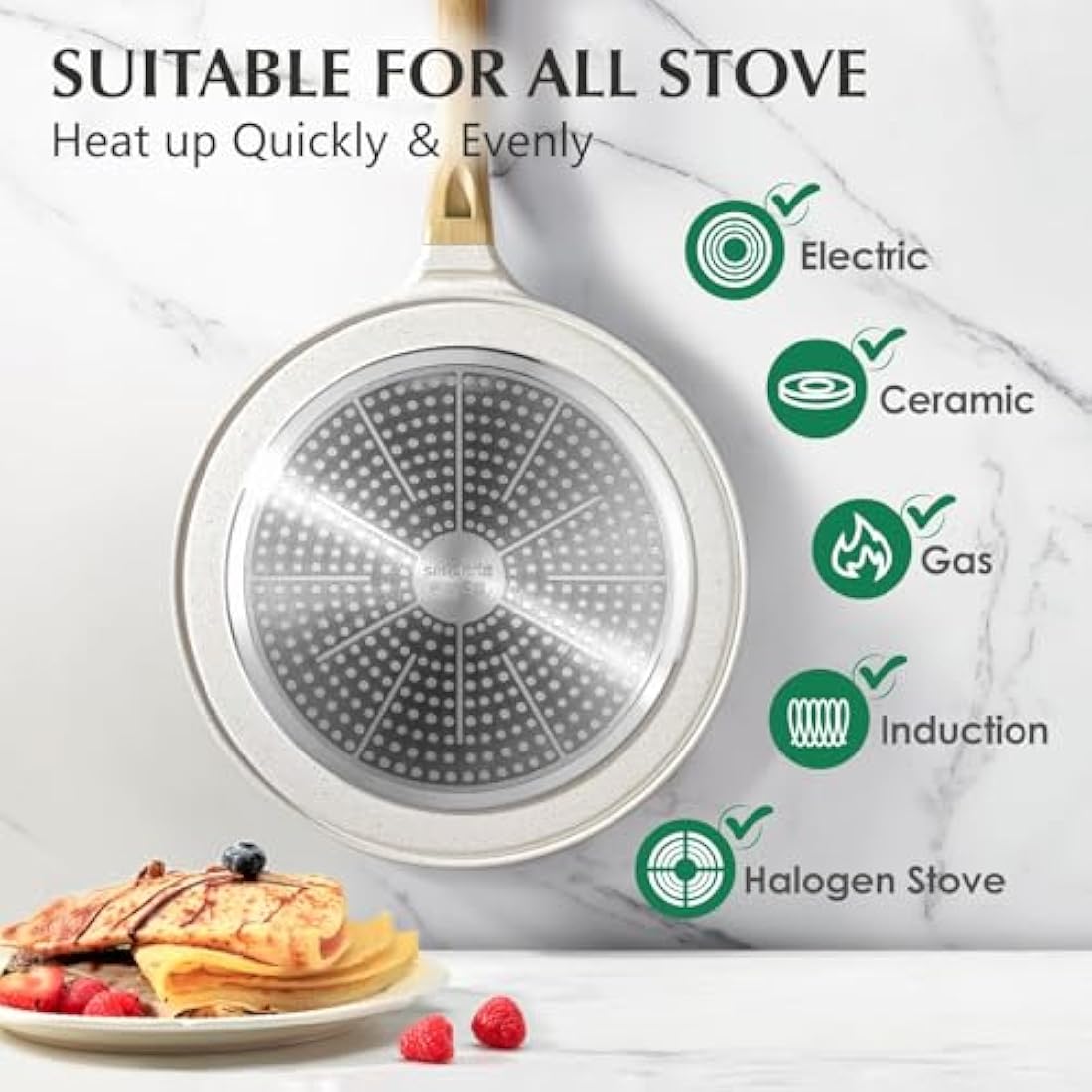 SENSARTE Nonstick Pancake Pan with Spreader, 26cm Swiss Ceramic Coating Dosa Pan Crepe Pan Flat Skillet Tawa Griddle with Stay-Cool Handle, Induction Compatible (White)