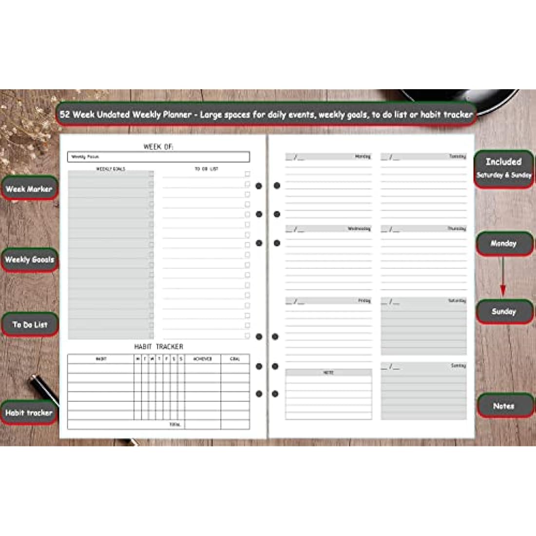 Undated A5 Diary Week to View Refill - 1 Week on 2 Pages, Section with To Do List, Goals & Habit Tracker, Extra Notes, Contact Pages, Weekly Planner Insert for A5 Binder, Thicker Paper 100 gsm, UK