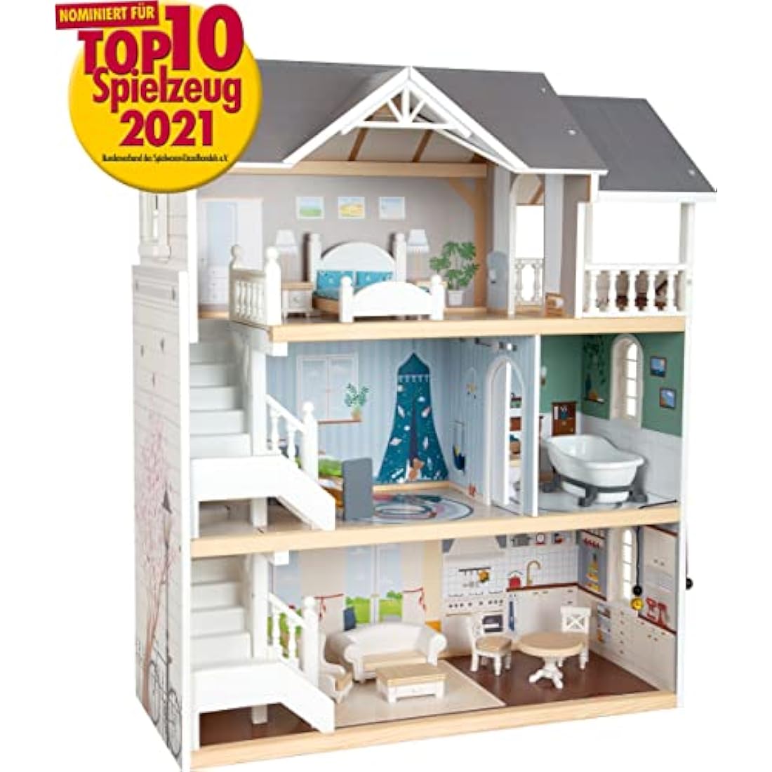 Small Foot 11802 Wooden Doll's House with 3 Floors, Open Front and Extensive Furniture, from 3 Years Toys, White Grey, 82 x 51.1 x 15 cm