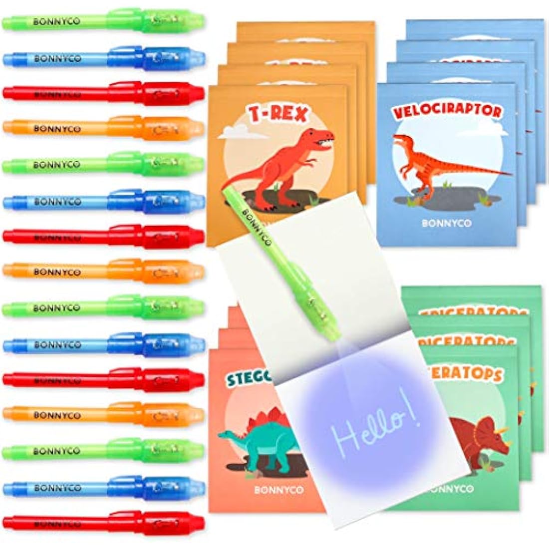 BONNYCO Invisible Ink Pen and Notebook, Pack 16 Dinos Party Bags Filler & Pinata Toys | Dinos Birthday Decorations | Stocking Fillers for Kids Birthday | School Prizes & Gifts for Children